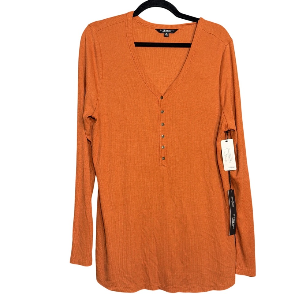 Liverpool‎ Henley Tee Ribbed V-Neck XL Orange Curry Spice Casual Fall NWT